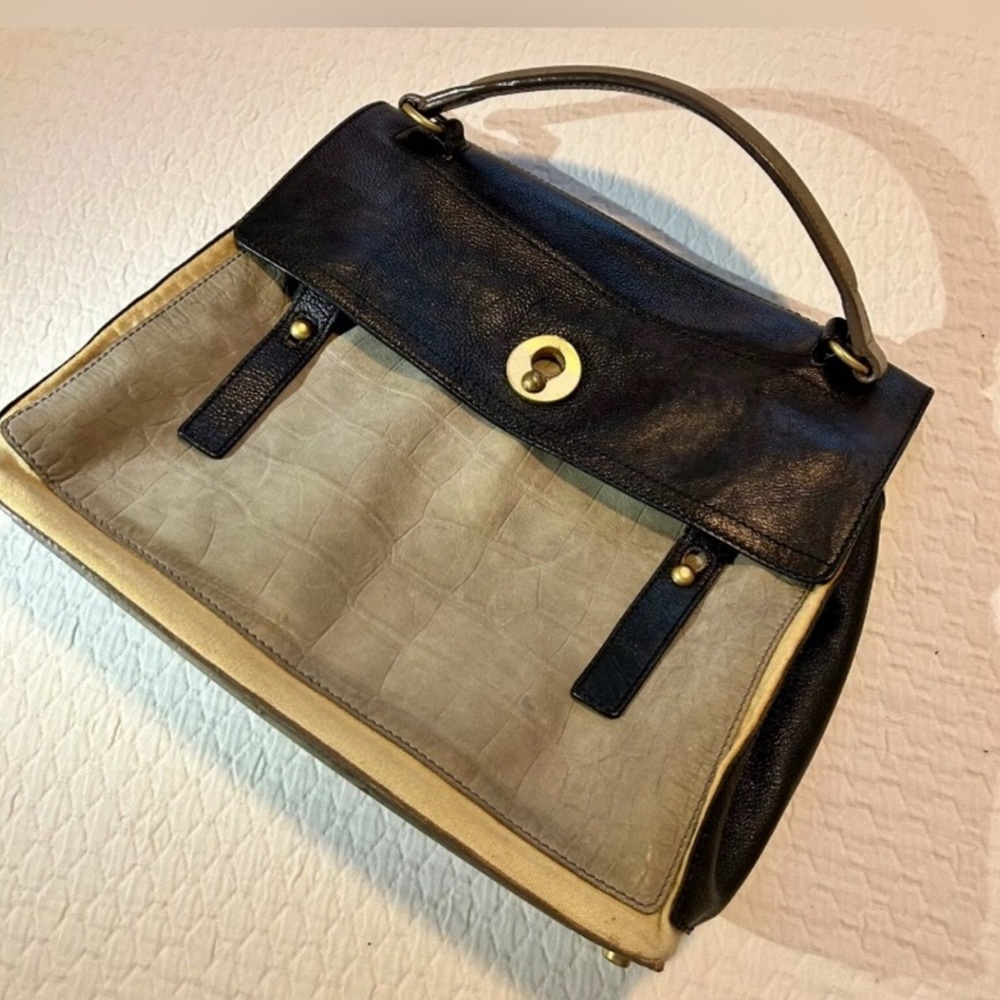 YSL Yves Saint Laurent Muse II Shoulder Bag Black & Tan Canvas Leather Satchel